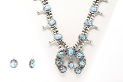 Native America Navajo Sterling Silver Kingman Turquoise Squash Blossom Necklace & Earring's Set By