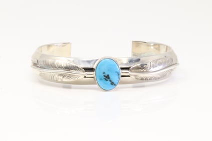 Native America Navajo Sterling Silver Turquoise Feather Cuff Bracelet By Raymond Yazzie.