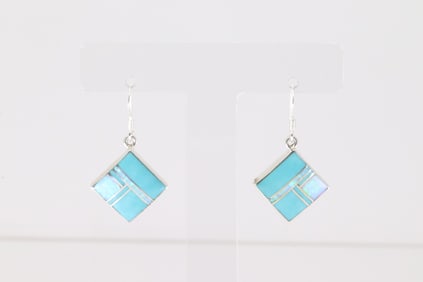 Native America Navajo Sterling Silver Opal & Turquoise Inlay Dangling Earring's By James Manygoats.