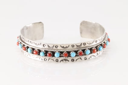 Native America Zuni Sterling Silver Coral & Turquoise Bracelet Cuff By P.Ukestine.
