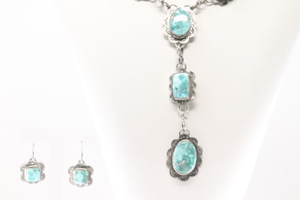 Native America Navajo Sterling Silver Turquoise Necklace & Earring's Set By Kee Johnson.