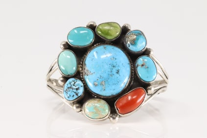 Native America Navajo Sterling Silver Multi-Color Stone Bracelet Cuff By D.C.