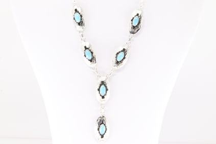 Native America Navajo Sterling Silver Turquoise Necklace By Bobby Platero.