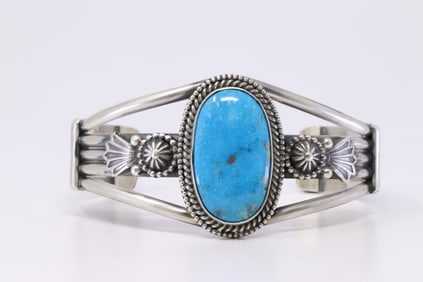 Native American Navajo Sterling Silver Turquoise Bracelet By Michael Calladitto