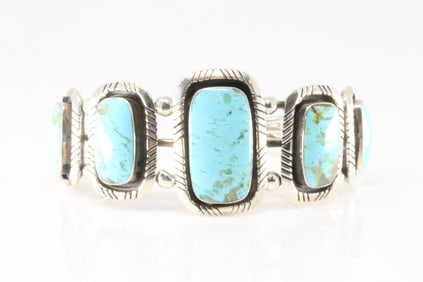 Native American Navajo Sterling Silver Kingman Turquoise Bracelet Cuff By Mike Smith.