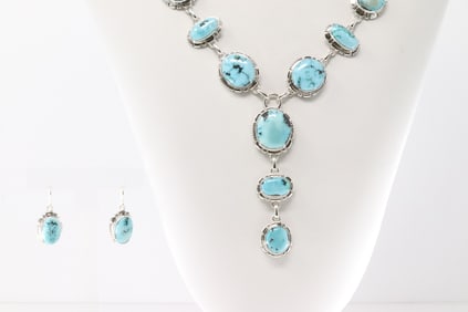 Native American Navajo Sterling Silver Turquoise Necklace & Earring's Set By L.M.Y.