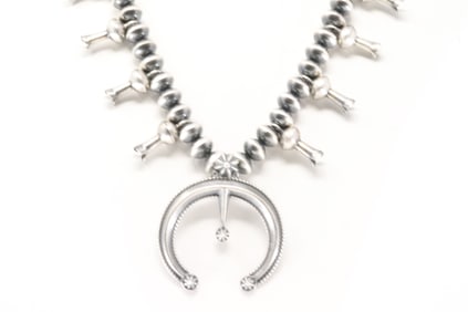 Native America Navajo Sterling Silver Squash Blossom Necklace By Presley Haley.