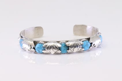 Native America Zuni Sterling Silver Turquoise Bracelet Cuff By Lyolita Tsatte.