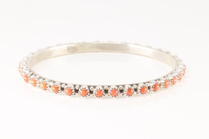 Native America Navajo Sterling Silver Coral Bangle Bracelet By G.P.