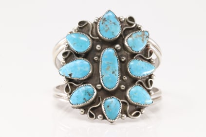 Native America Navajo Sterling Silver Kingman Turquoise Bracelet Cuff By R.S.