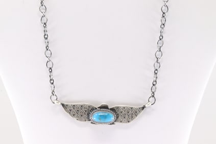 Native America Navajo Sterling Silver Turquoise Eagle Necklace By M.Spencer.