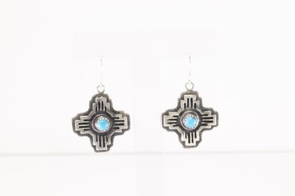 Native America Navajo Sterling Silver Turquoise Corss Dangling Earring's By Kenny Lonjose.