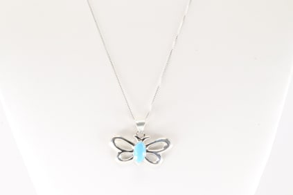 Native America Navajo Sterling Silver Turquoise Butterfly Pendant with A 925 Necklace By C.B.