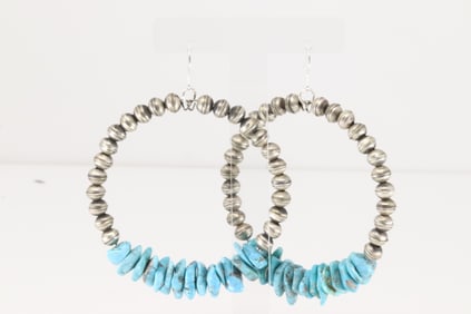 Native America Navajo Sterling Silver Turquoise & Pearl Dangling Earring's By Lucinda Sardo.