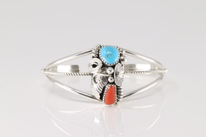 Native America Navajo Sterling Silver Coral & Turquoise Bracelet Cuff By Max Calladitto.