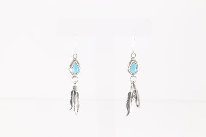 Native America Navajo Sterling Silver Turquoise Feather Dangling Earring's By Sharon McCarthy.