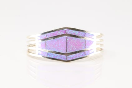 Native America Navajo Sterling Silver Synthetic Pink Opal Inlay Bracelet By A.E.