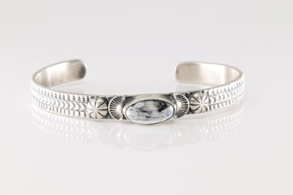 Native America Navajo Sterling Silver White Buffalo Bracelet Cuff By M.Spencer.