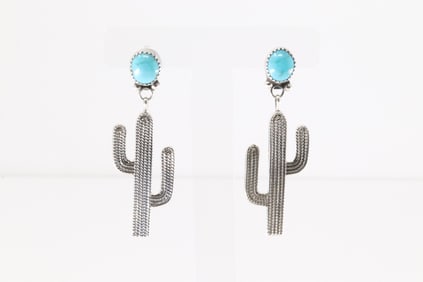 Native America Navajo Sterling Silver Turquoise Cactus Post / Dangling Earring's By Annie Spencer.