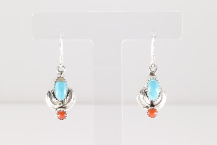 Native America Navajo Sterling Silver Coral & Turquoise Dangling Earring's By Robert Martinez.