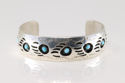 Native America Navajo Sterling Silver Bear Paw Turquoise Bracelet Cuff By Pearlene Spencer.