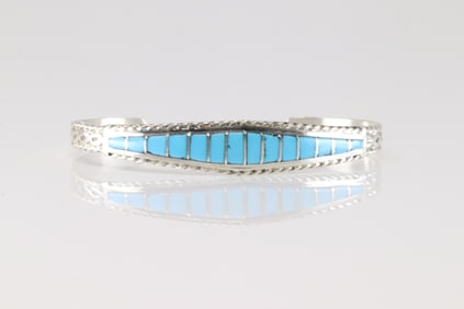 Native America Zuni Sterling Silver Turquoise Inlay Bracelet By Mirenda Penetsa.