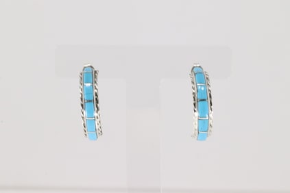 Native America Zuni Sterling Silver Turquoise Inlay Hoop Earring's By Malcolm Chavez.