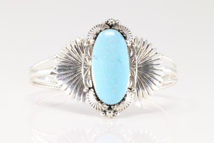 Native America Navajo Sterling Silver Turquoise Bracelet Cuff By Gregg Yazzie.