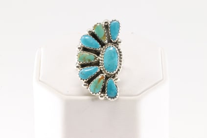 Native America Navajo Sterling Silver Kingman Turquoise Ring By A.J.W.