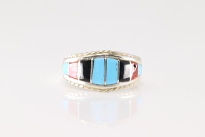 Native America Zuni Sterling Silver Multi-Color Stone Inlay Ring By M.P.