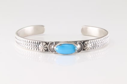 Native America Navajo Sterling Silver Turquoise Bracelet Cuff By M.Spencer.