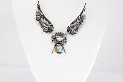 Native America Navajo Sterling Silver Turquoise Necklace By Loretta Delgarito.