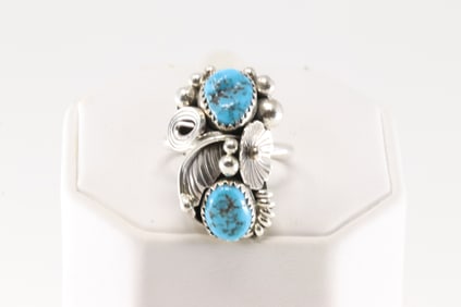Native America Navajo Sterling Silver Turquoise Floral Ring By Max C.