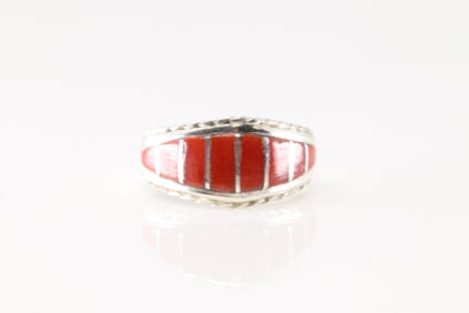 Native America Zuni Sterling Silver Coral Inlay Ring By M.P.