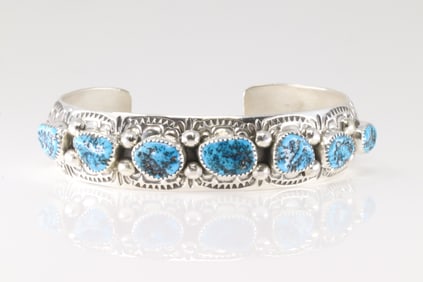 Native America Navajo Sterling Silver Turquoise Bracelet Cuff By Grace Silver.