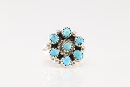 Native America Navajo Sterling Silver Turquoise Flower Ring By B.
