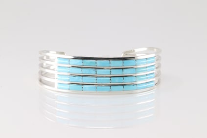 Native America Zuni Sterling Silver Kingman Turquoise Inlay Bracelet By Anson Wallece.