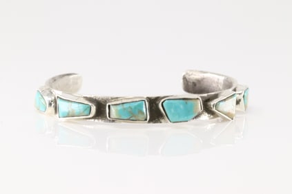 Native America Zuni Sterling Silver Kingman Turquoise Bracelet By Jude Candelaria.