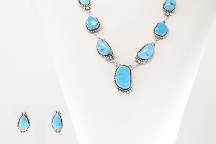 Native America Navajo Sterling Silver Turquoise Necklace & Earring's Set By F.