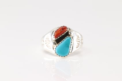 Native America Zuni Sterling Silver Coral & Turquoise Ring By M.L.