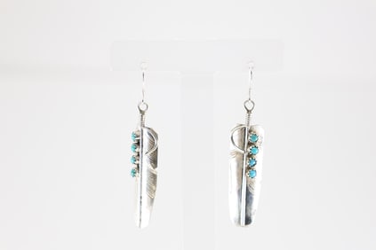 Native America Navajo Sterling Silver Turquoise Feather Dangling Earring's By Chester Charley.