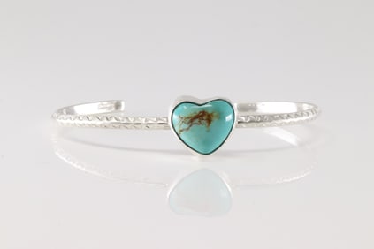 Native America Navajo Sterling Silver Turquoise Heart Bracelet Cuff By D.