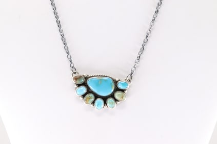 Native America Navajo Sterling Silver Kingman Turquoise Necklace By Geraldine James.