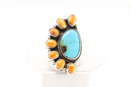 Native America Navajo Sterling Silver Spiny Osyter & Turquoise Ring By Geraldine James.