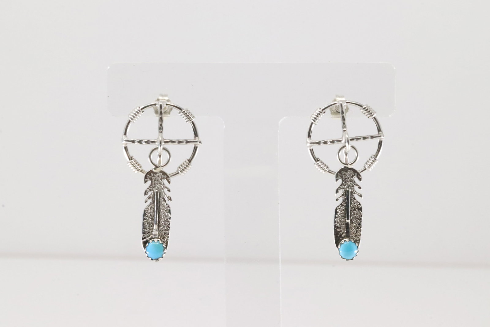 Native America Navajo Sterling Silver Turquoise Post / Feather Dangling Earring's By Sharon: This is a Native America Navajo Sterling Silver Turquoise Post / Feather Dangling Earring's By Sharon McCarthy.