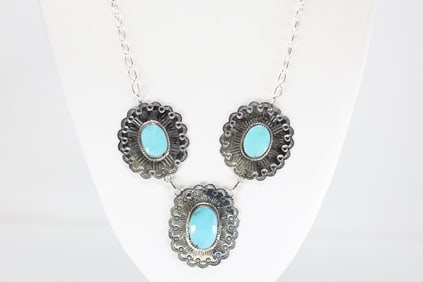 Native America Navajo Sterling Silver Turquoise Necklace By Arlene Lewis.