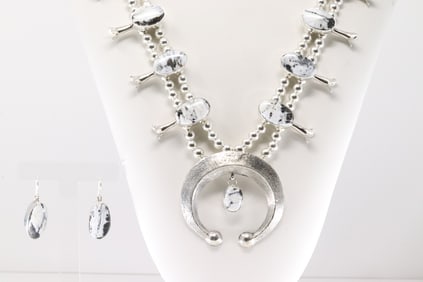 Native America Navajo Sterling Silver White Buffalo Squash Blossom Necklace & Earring's Set By A.C.