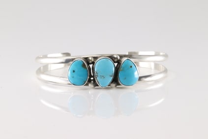 Native America Navajo Sterling Silver Kingman Turquoise Bracelet Cuff By A.L.