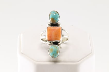 Native America Navajo Sterling Silver Spiny Osyter & Turquoise Ring By B.