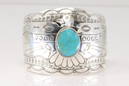 Native America Navajo Sterling Silver Turquoise Eagle Bracelet Cuff By E.Bahe.